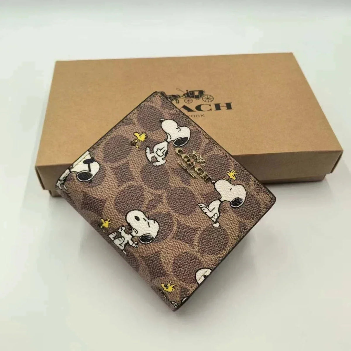 NWT Coach X Peanuts Snoopy Snap Wallet Signature Canvas CBN32 Brown Tan