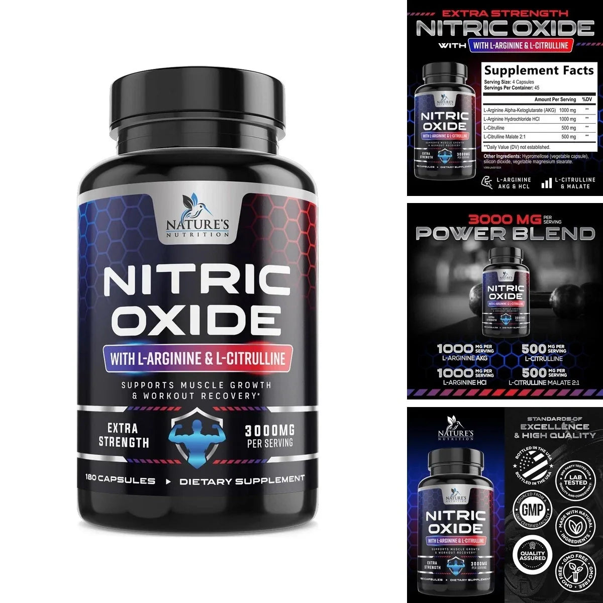 Nature's Nutrition Nitric Oxide Booster L-Arginine Citrulline 180 Capsules