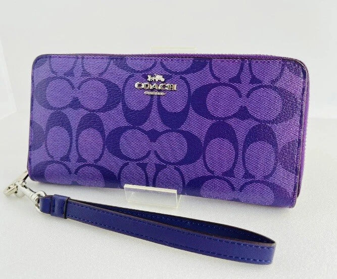 NWT Coach C4452 Signature Zip Around Long Wallet Purple Wrist Strap