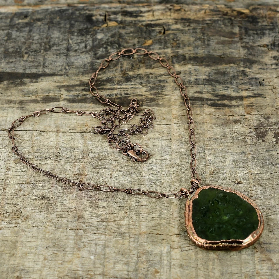Moldavite Gemstone Electroformed Copper Pendant 1.65" – Handmade Jewelry for Women