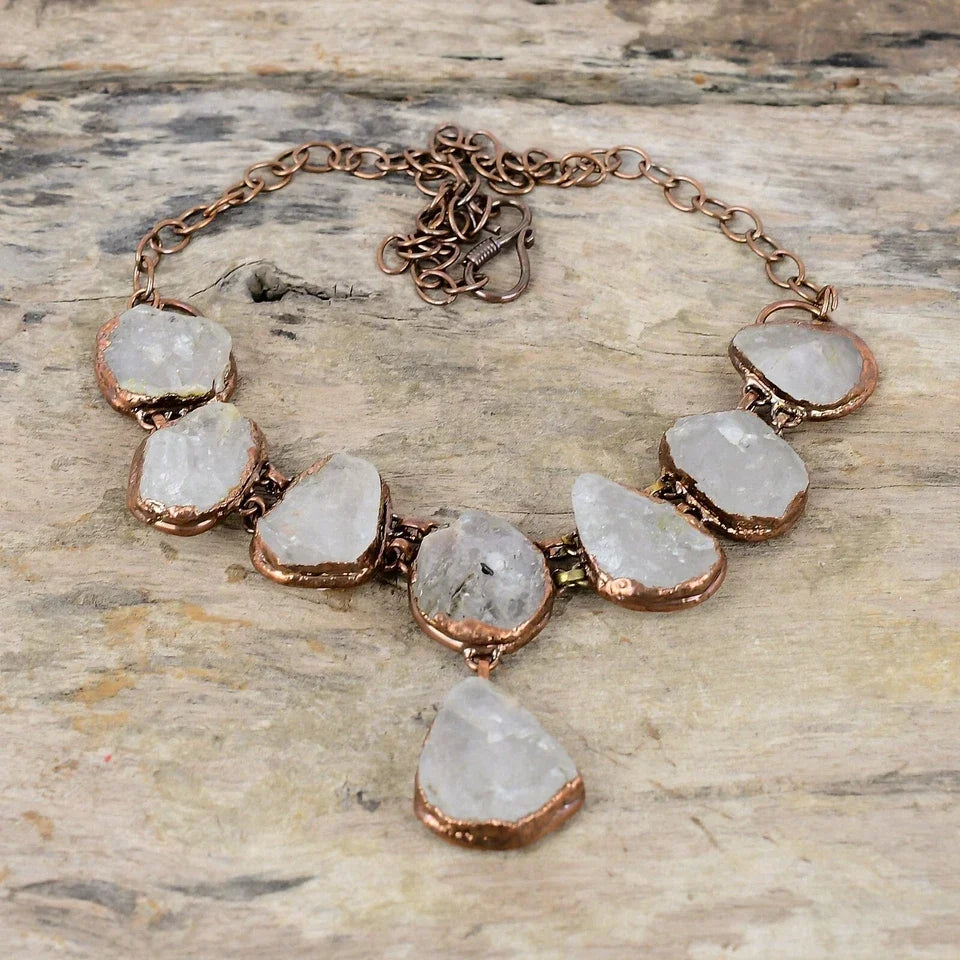 Rainbow Moonstone Rough Electroformed Copper Necklace 18" – Adjustable Chain Crystal Jewelry