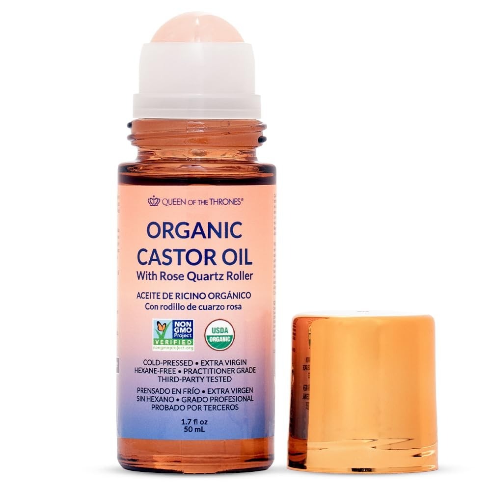 Queen of the Thrones Organic Golden Castor Oil Roll-On with Rose Quartz Roller, 1.7 oz (50ml) – 100% Pure USDA Organic Oil